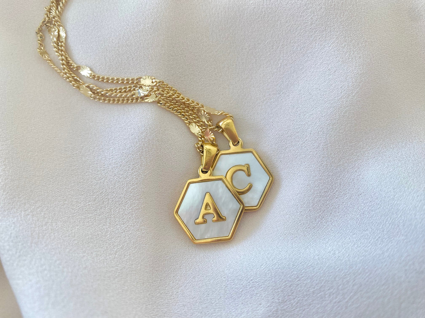 Gold Hexagon Mother of Pearl Letter Pendant Necklace - Gold Filled Chain - Customizable Gifts