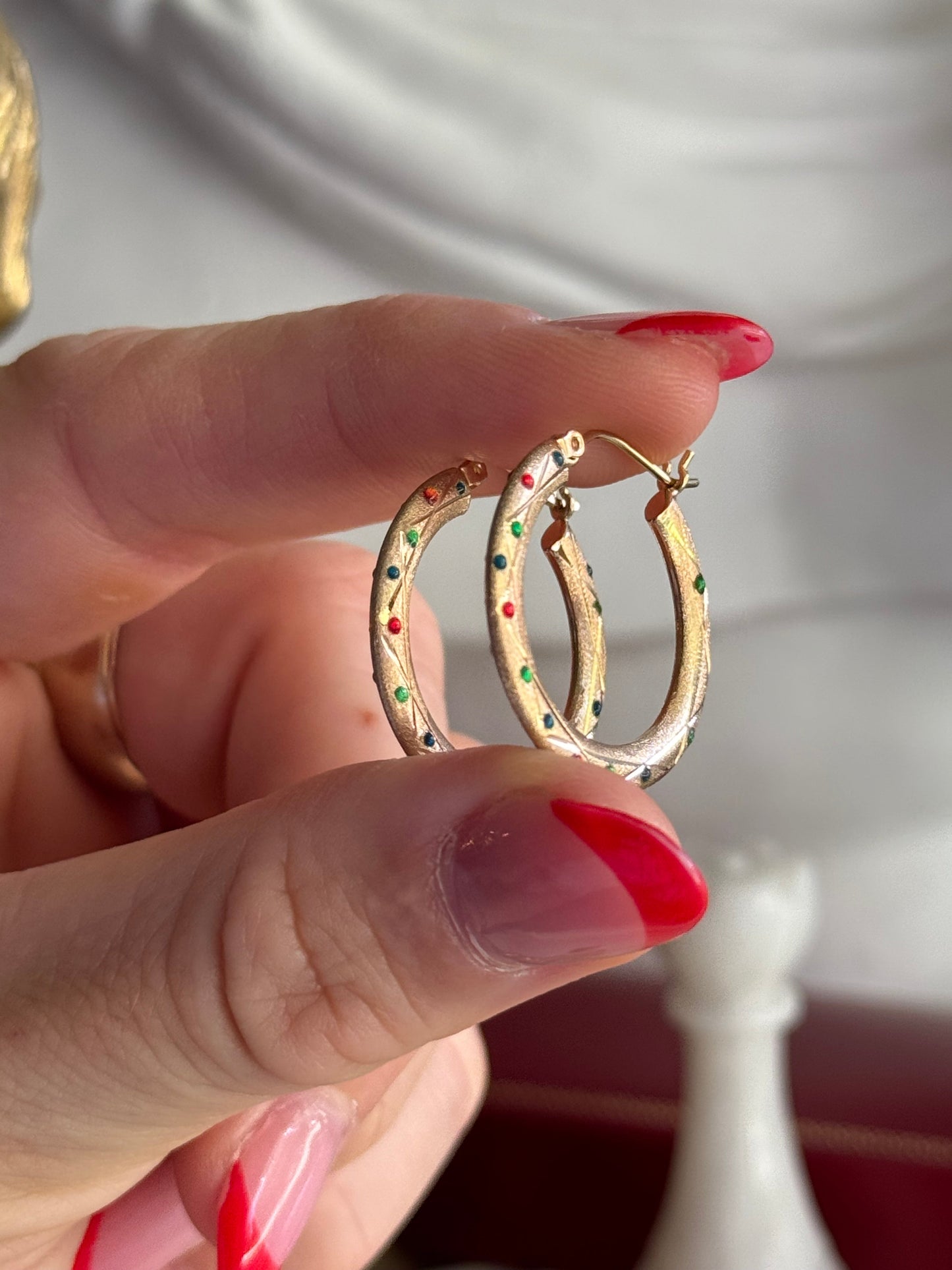 Vintage 14k Yellow Gold & Multi-Colored Enamel Hoops