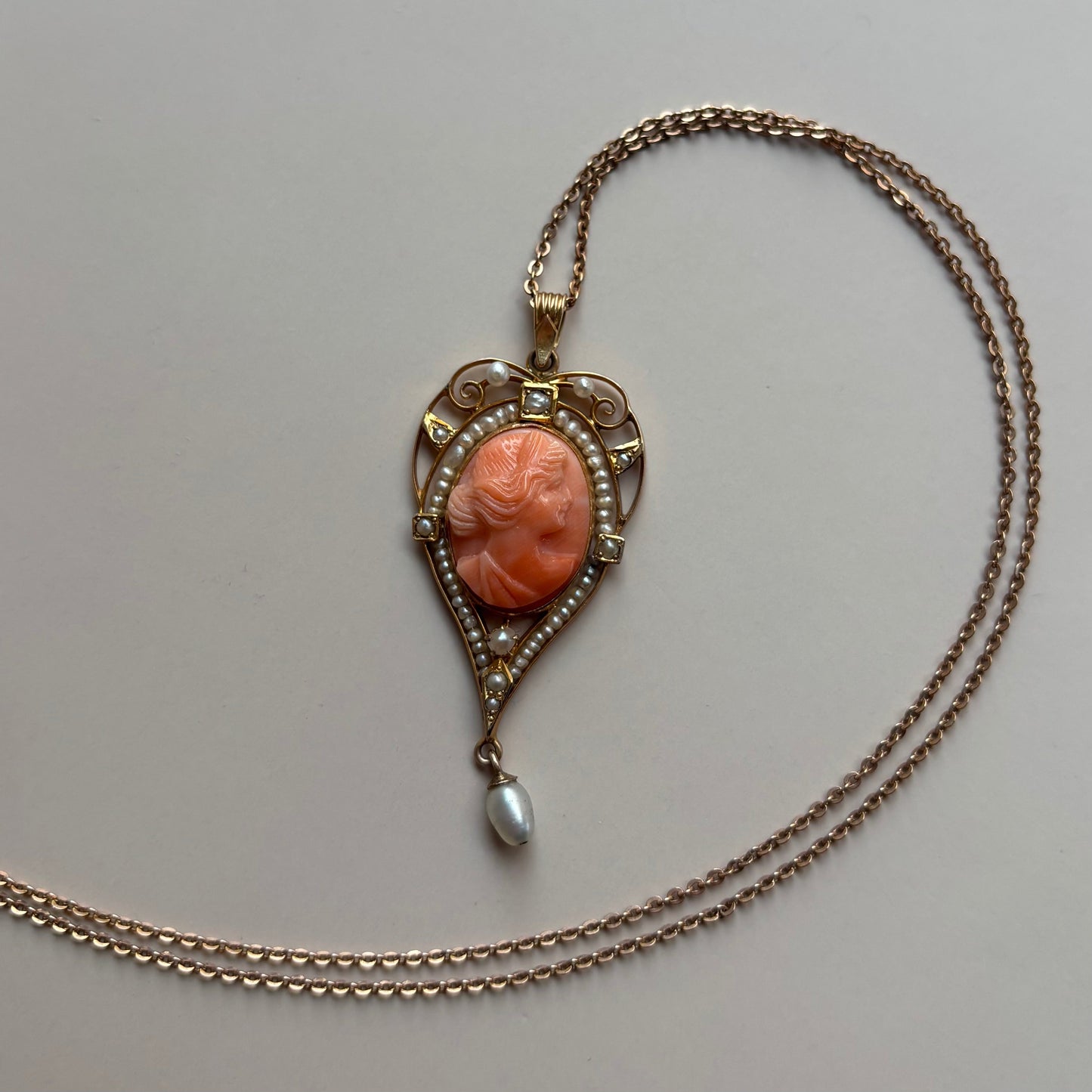 Coral Cameo & Seed Pearl Lavalier Necklace | 10k Yellow Gold | Vintage