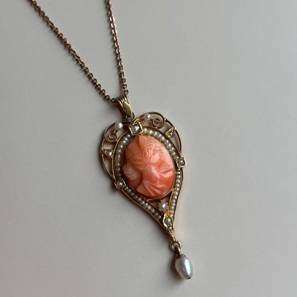 Coral Cameo & Seed Pearl Lavalier Necklace | 10k Yellow Gold | Vintage