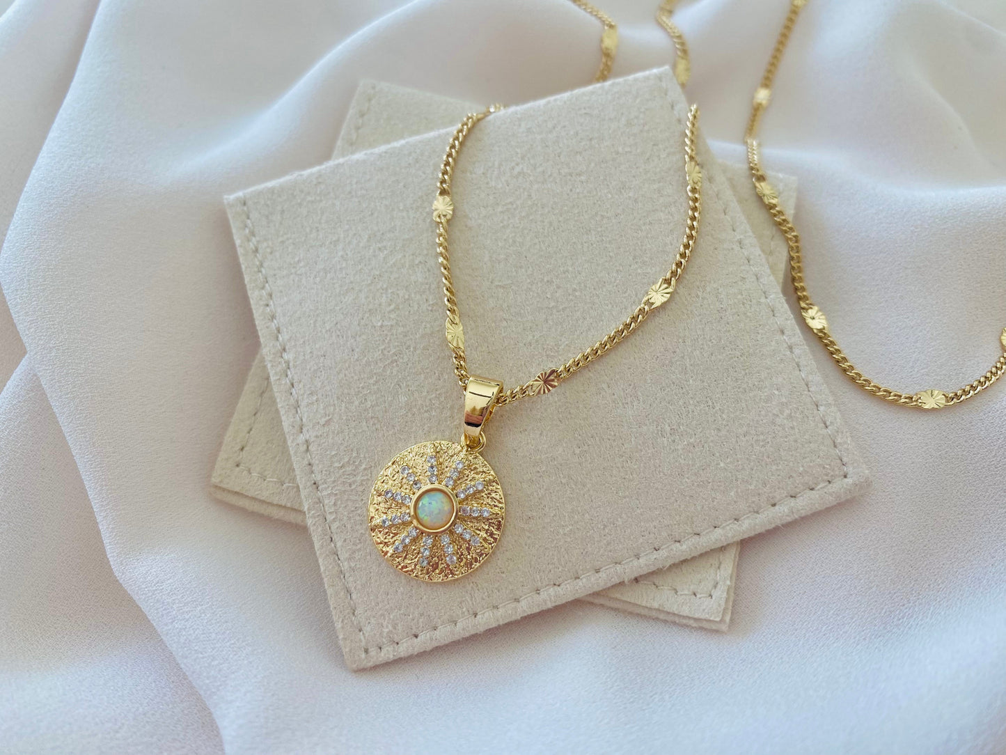 Opal Necklace Opal Coin Pendant Necklace October Birthstone Gold Filled Genuine Opal Charm Crystal Medallion Necklace Minimalist Jewelry