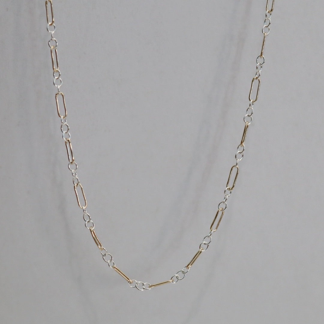 Mixed Metal Layering Chain Long and Short Necklace in Sterling Silver and 14 Karat Gold Fill