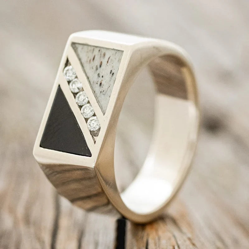 "Alden" - Black Onyx, Antler & Diamond Wedding Band - 14K White Gold (8mm) - Size 11