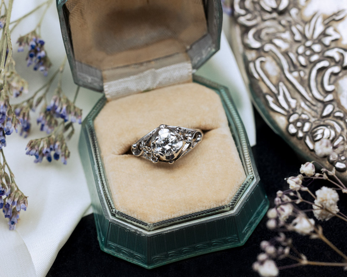 Vintage Art Deco Diamond Floral Engagement Ring In 14K White Gold
