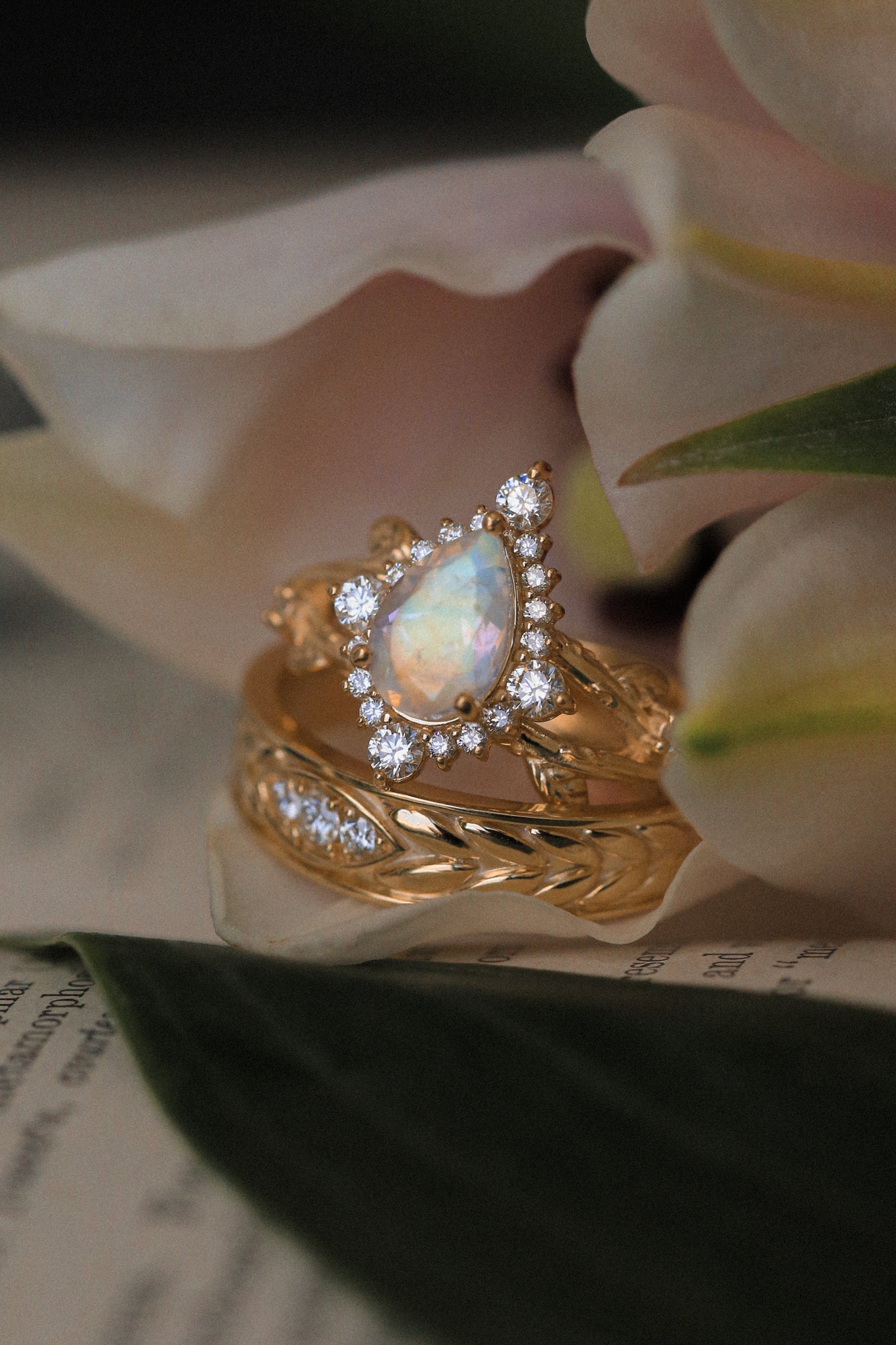 "Artemis On The Vine Divine" - Moonstone Engagement Ring With Diamond Accents & A Branch-Style Band
