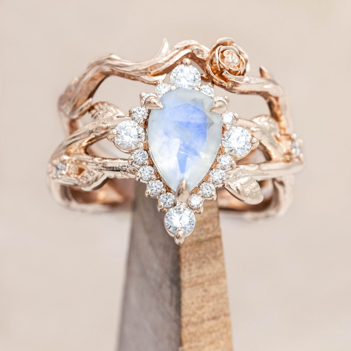 "Artemis On The Vine Divine" - Moonstone Engagement Ring With Diamond Accents & A Branch-Style Band