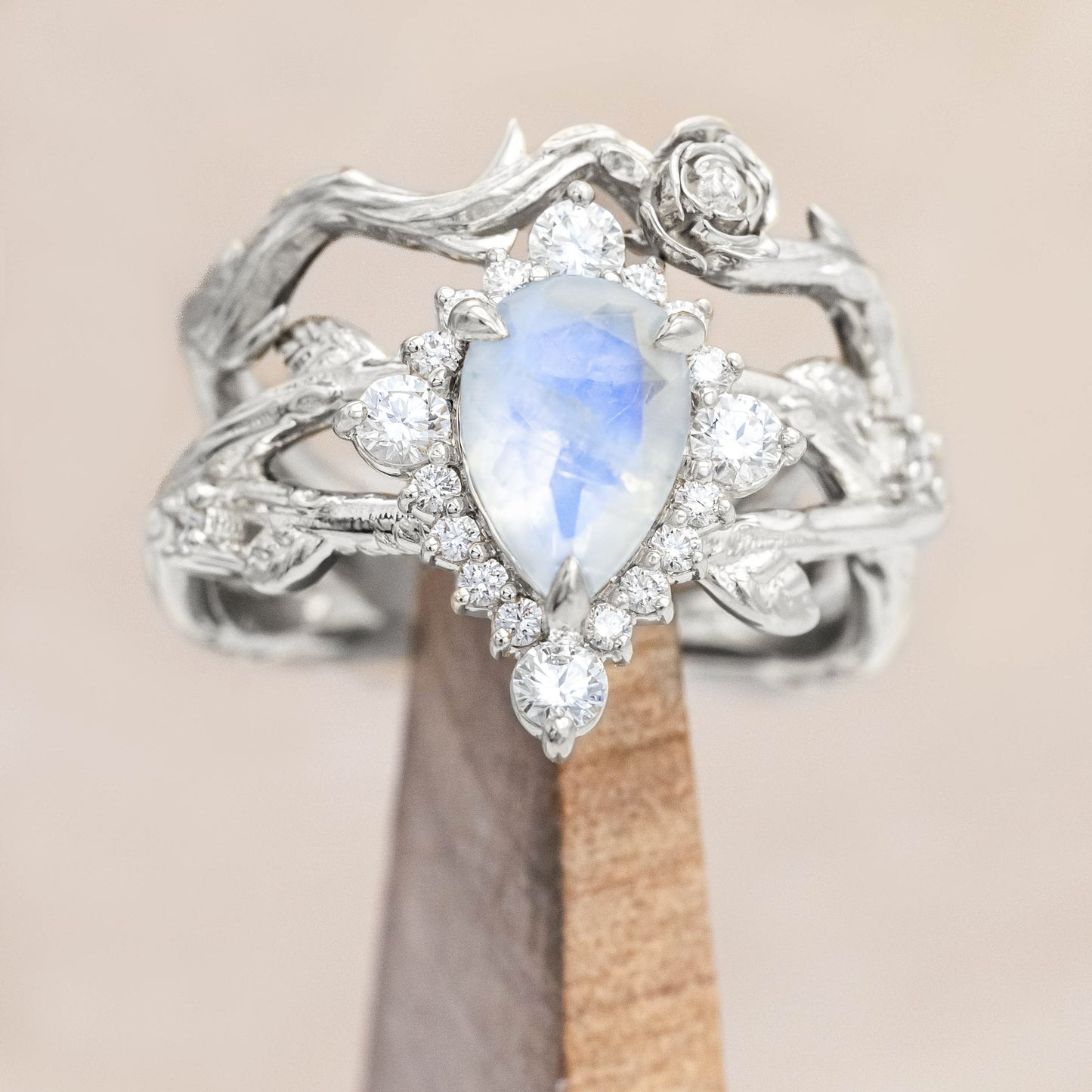 "Artemis On The Vine Divine" - Moonstone Engagement Ring With Diamond Accents & A Branch-Style Band