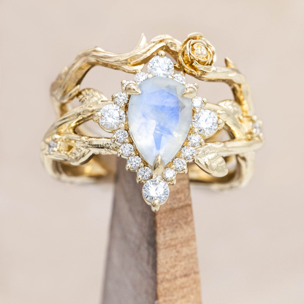 "Artemis On The Vine Divine" - Moonstone Engagement Ring With Diamond Accents & A Branch-Style Band