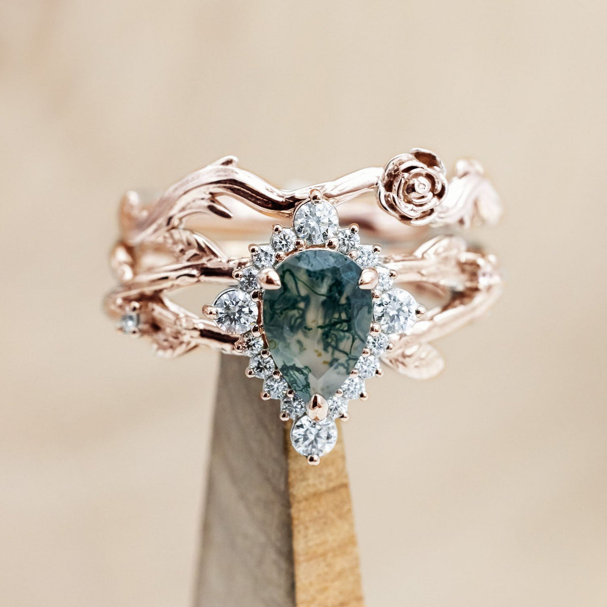 "Artemis On The Vine Divine" - Moss Agate Engagement Ring With Diamond Accents & A Branch-Style Band