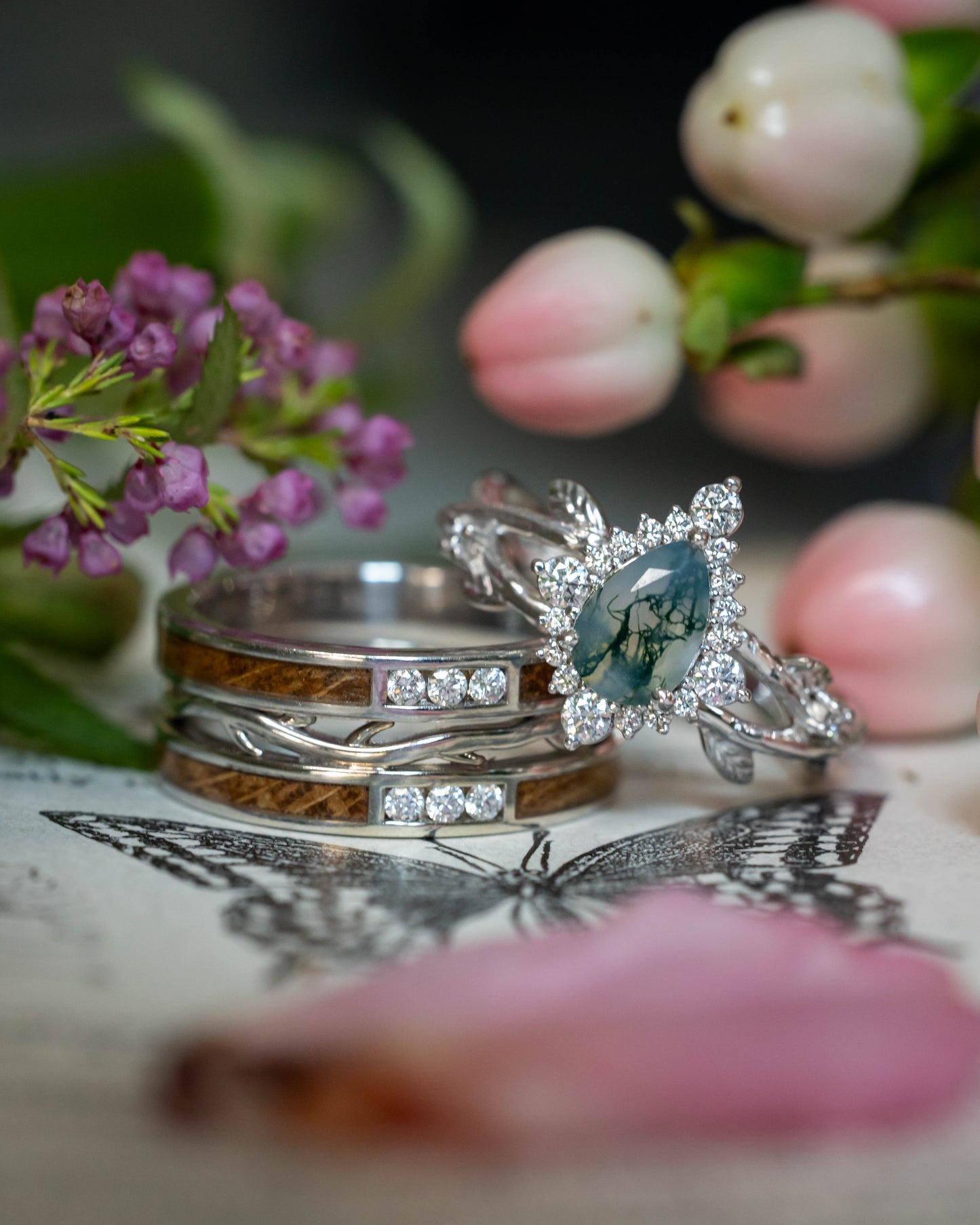 "Artemis On The Vine Divine" - Moss Agate Engagement Ring With Diamond Accents & A Branch-Style Band