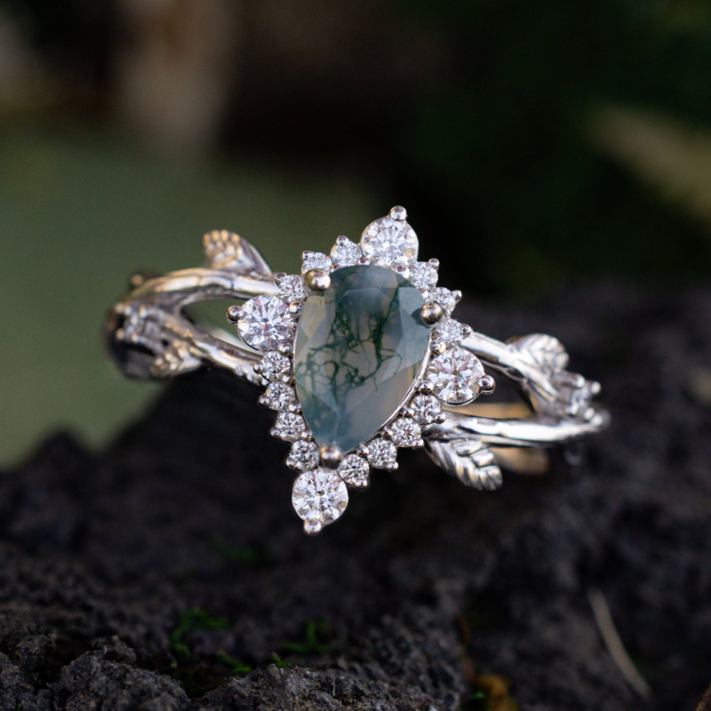 "Artemis On The Vine Divine" - Moss Agate Engagement Ring With Diamond Accents & A Branch-Style Band