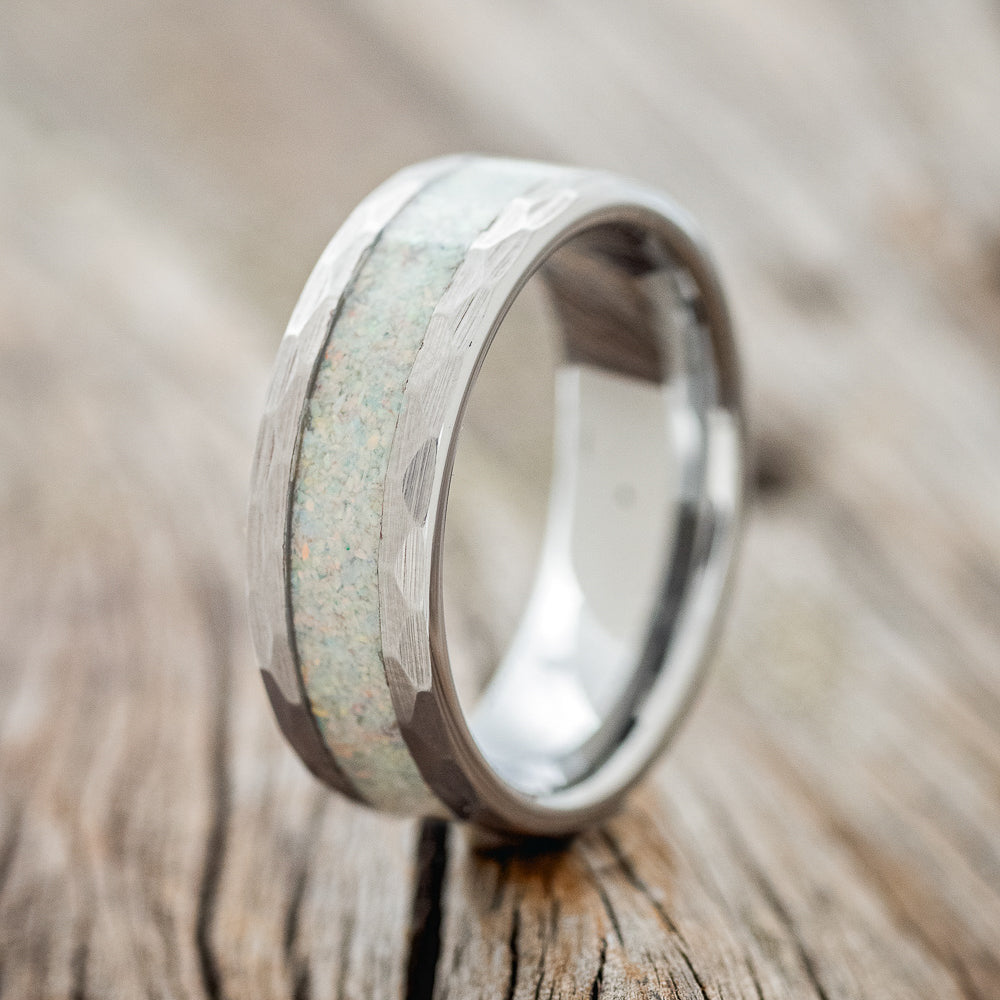 "Apollo" - Fire & Ice Opal Wedding Band With Faceted Edges - Tungsten - Size 9 1/2