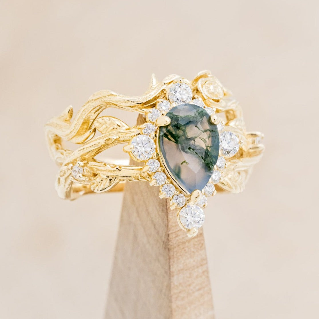 "Artemis On The Vine Divine" - Moss Agate Engagement Ring With Diamond Accents & A Branch-Style Band