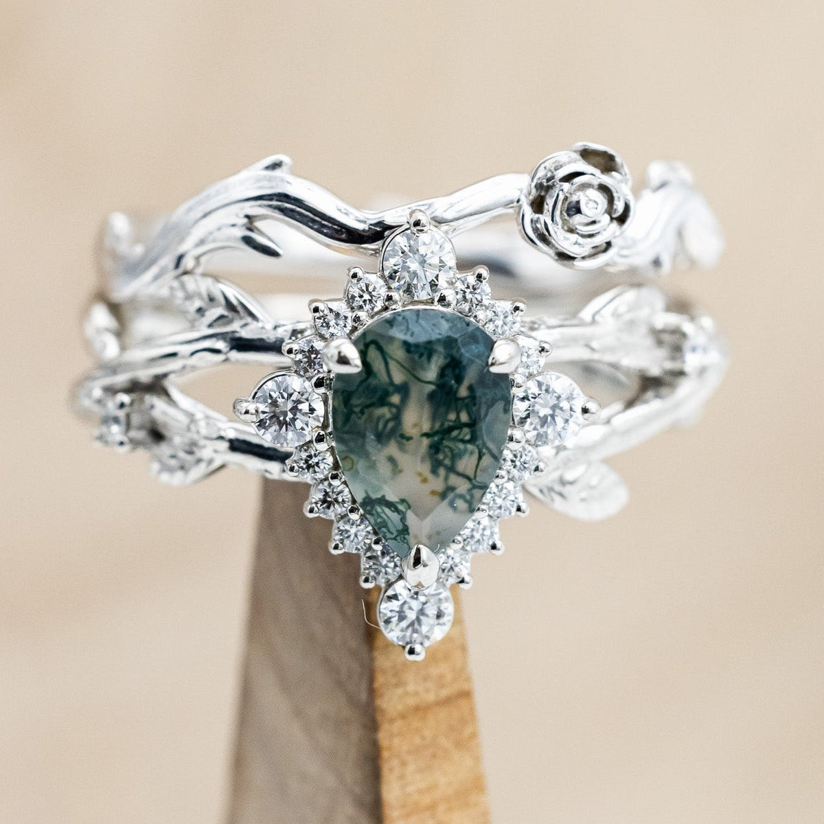 "Artemis On The Vine Divine" - Moss Agate Engagement Ring With Diamond Accents & A Branch-Style Band