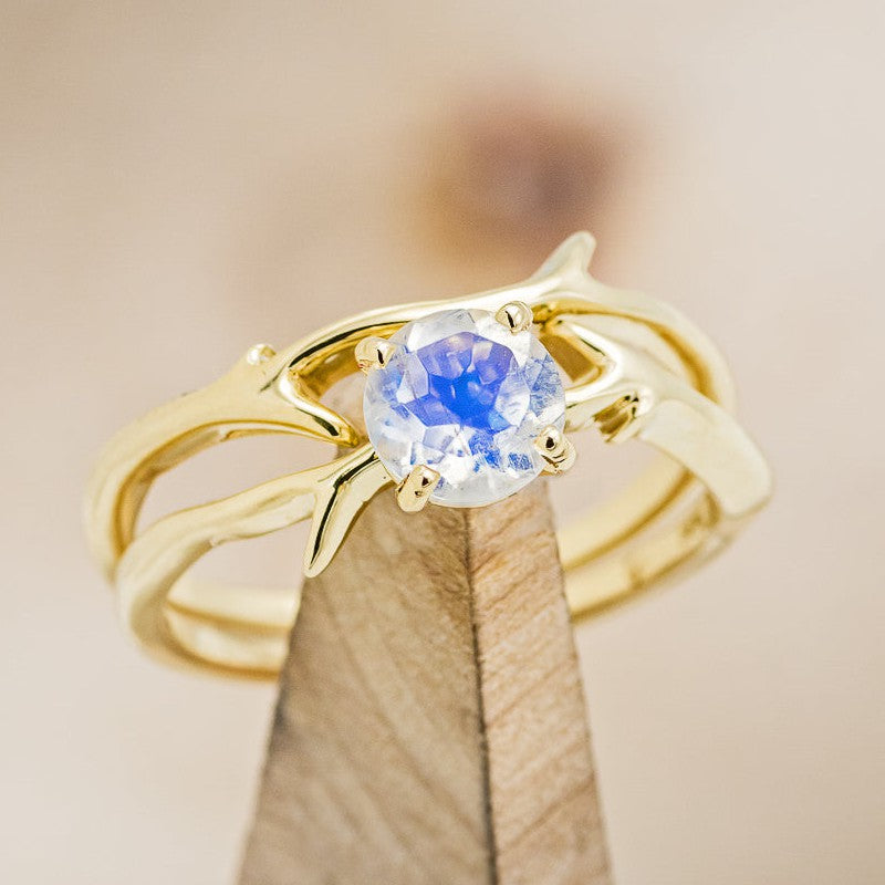 "Artemis" - Round Moonstone Engagement Ring With An Antler-Stacking Band
