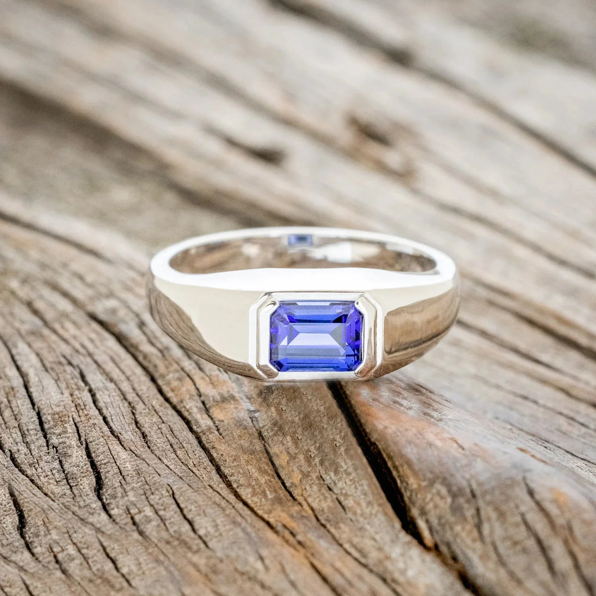 "Arthur" - Bezel Set Lab-Grown Sapphire Wedding Band - 14K White Gold - Size 10 3/4