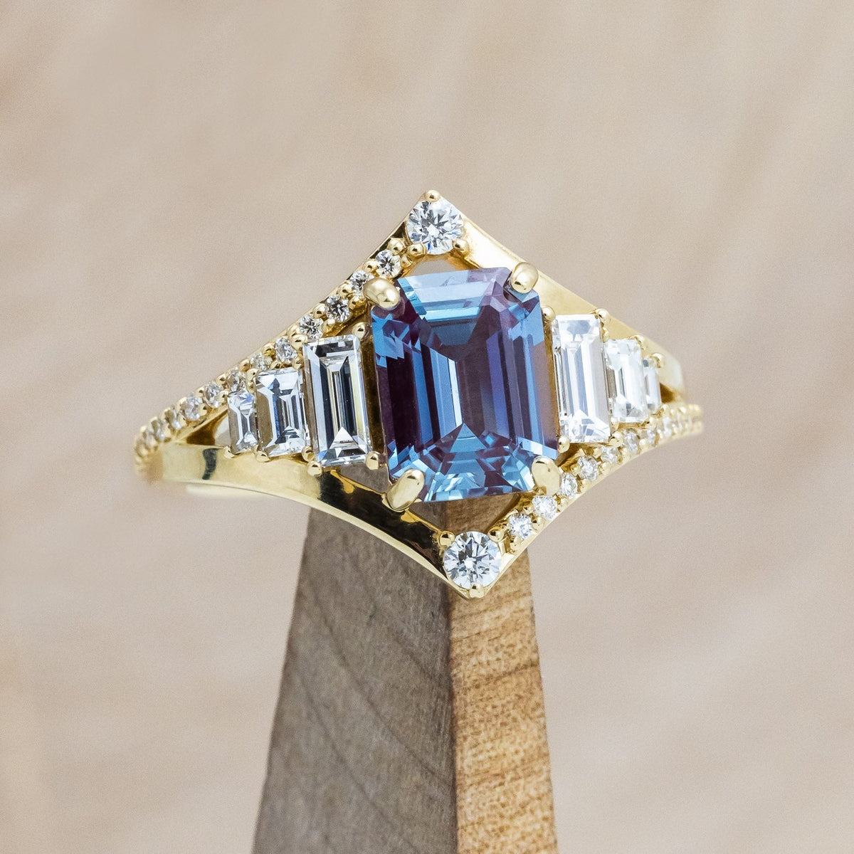 "Athena" - Emerald Cut Lab-Grown Alexandrite Engagement Ring With Diamond Accents