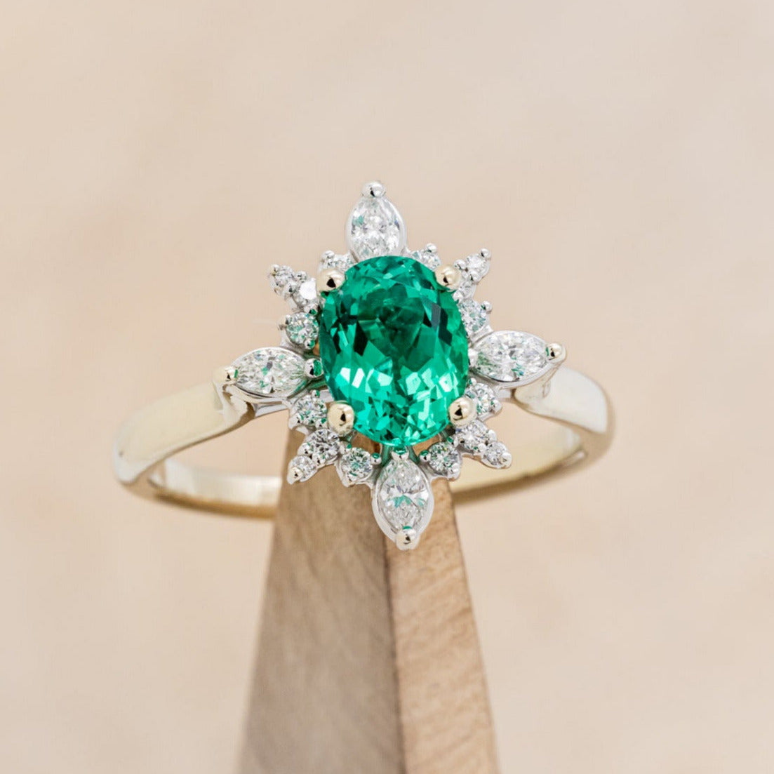 "Azalea" - Oval Lab-Grown Emerald Engagement Ring With Diamond Halo