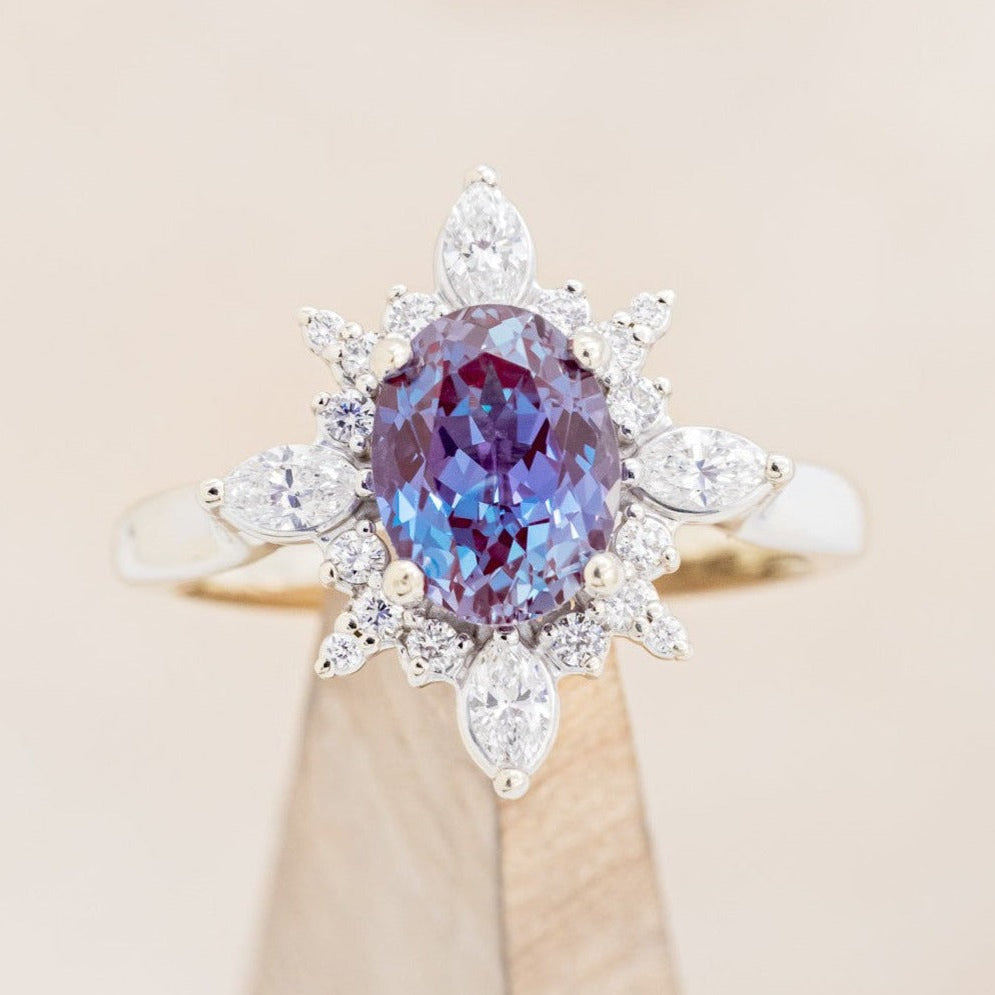 "Azalea" - Oval Cut Lab-Grown Alexandrite Engagement Ring With Diamond Halo