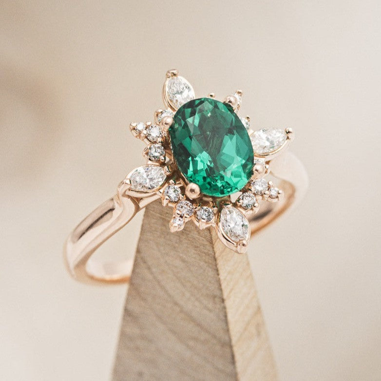 "Azalea" - Oval Lab-Grown Emerald Engagement Ring With Diamond Halo