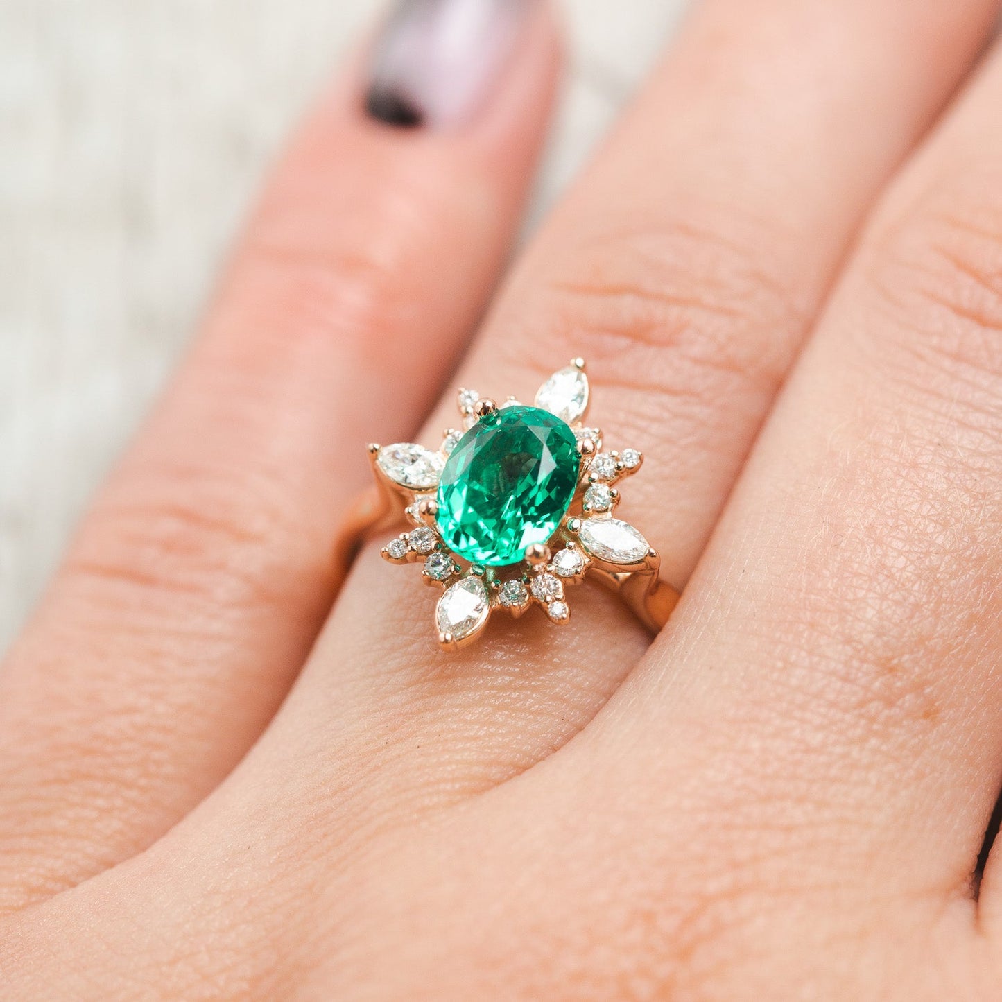 "Azalea" - Oval Lab-Grown Emerald Engagement Ring With Diamond Halo