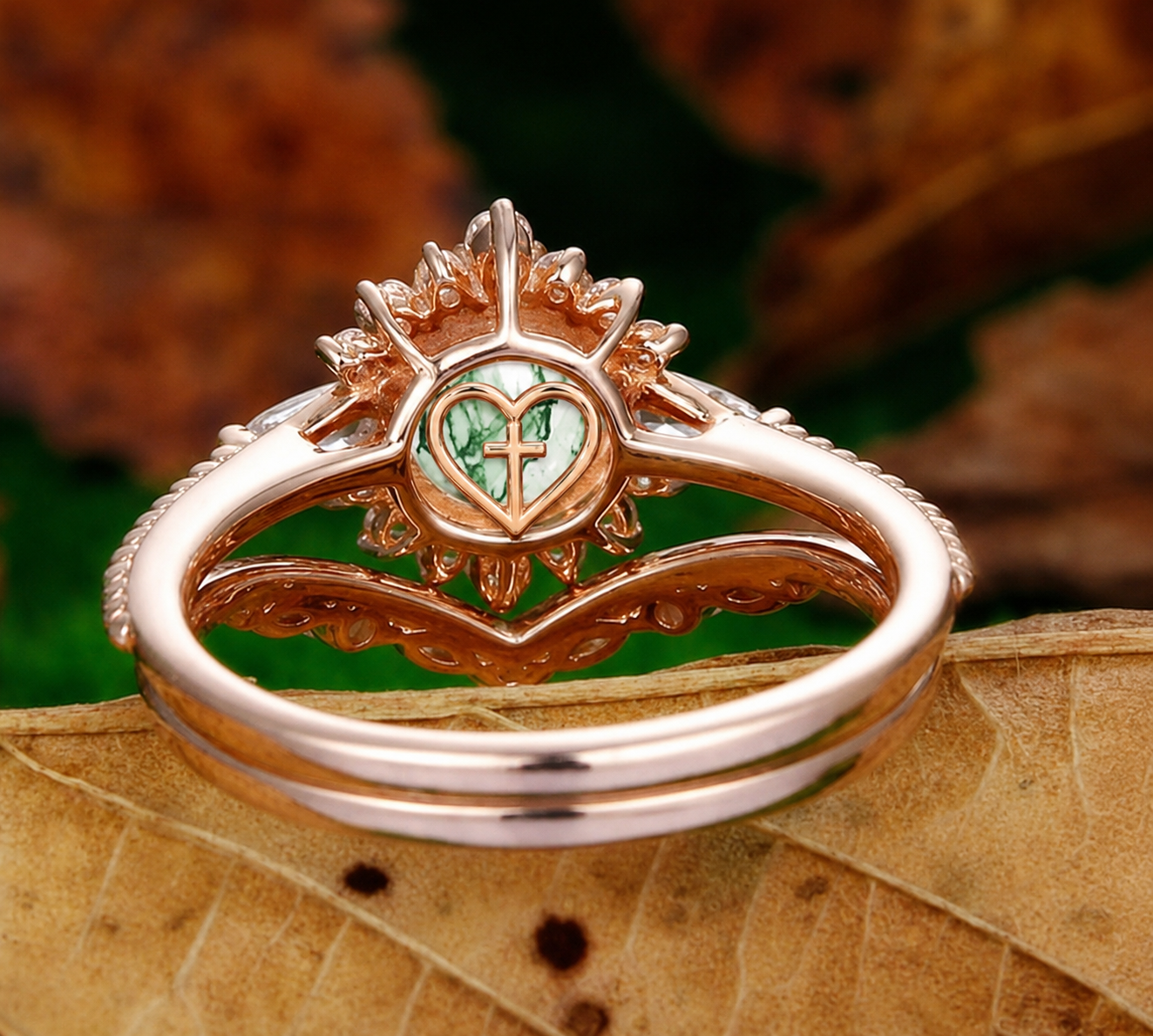 Custom Order - Natural Moss Agate Engagement Ring Set Unique Round Cut Moss Agate Halo Bridal Ring Set