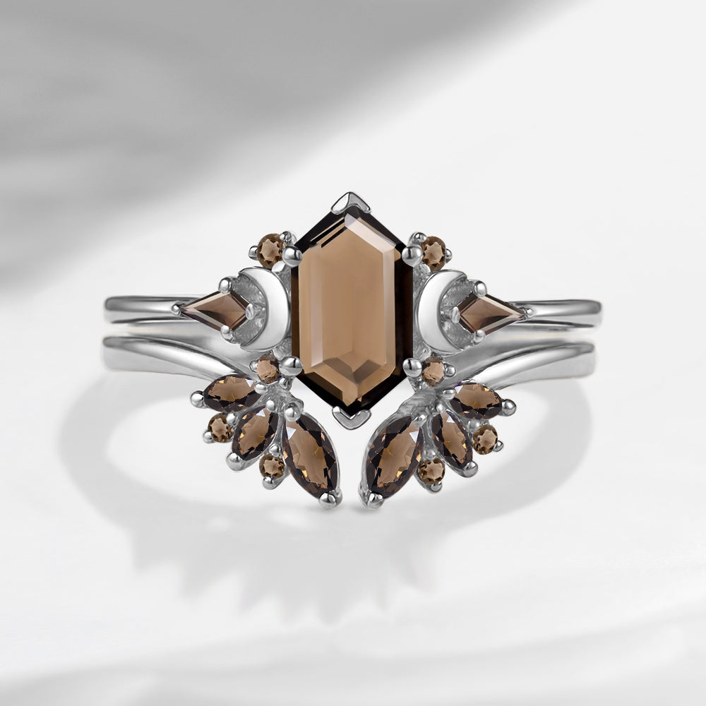 Pure Moon | Art Deco Long Hexagon Smokey Quartz Cluster Engagement Ring Set 2pcs