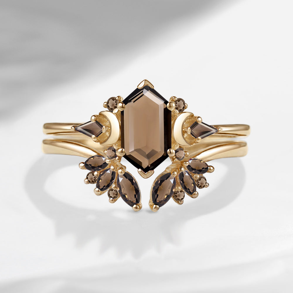 Pure Moon | Art Deco Long Hexagon Smokey Quartz Cluster Engagement Ring Set 2pcs