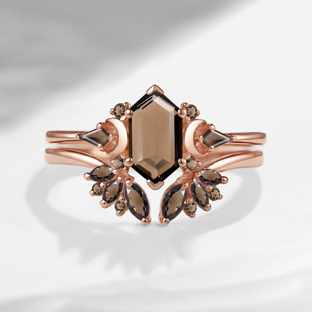 Pure Moon | Art Deco Long Hexagon Smokey Quartz Cluster Engagement Ring Set 2pcs