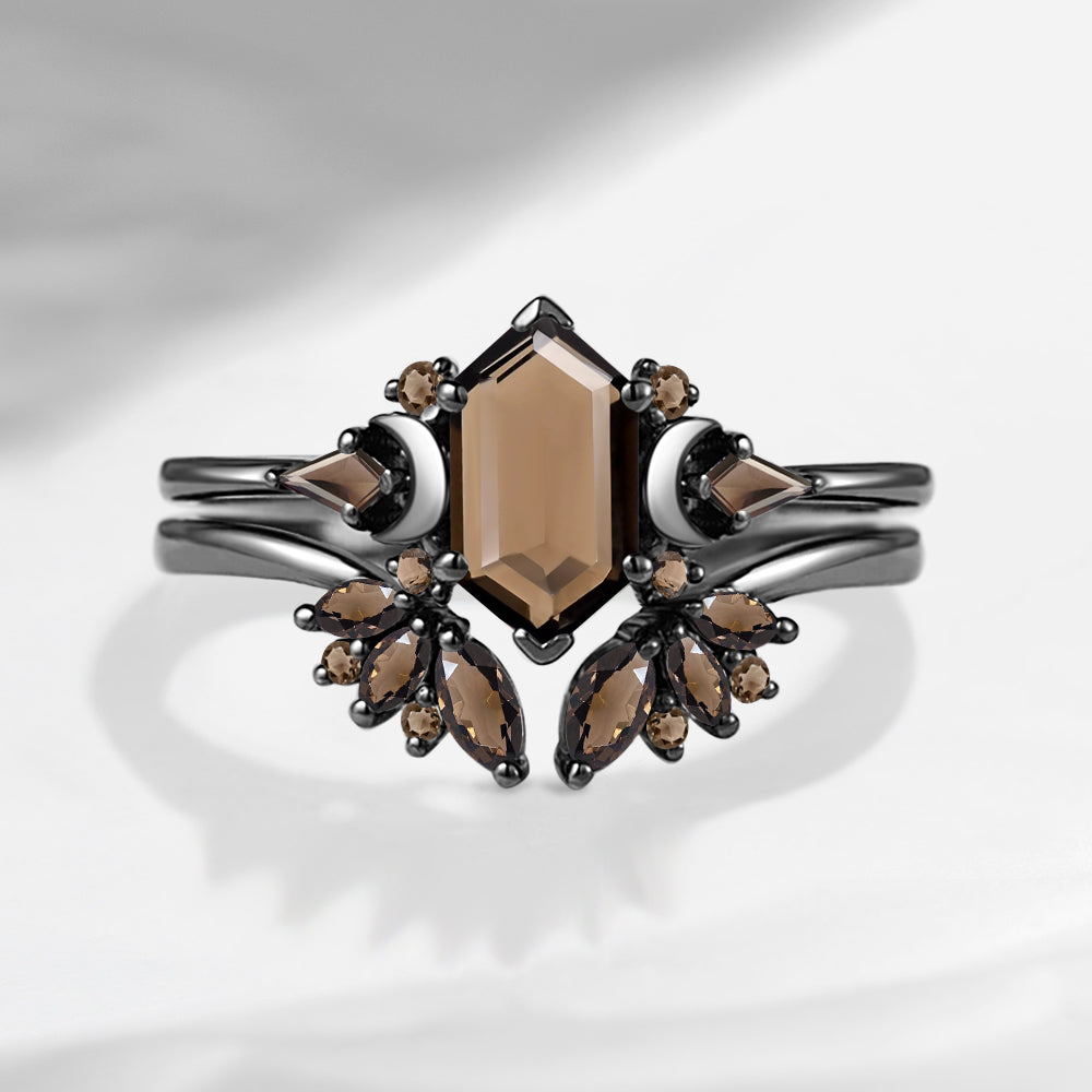 Pure Moon | Art Deco Long Hexagon Smokey Quartz Cluster Engagement Ring Set 2pcs