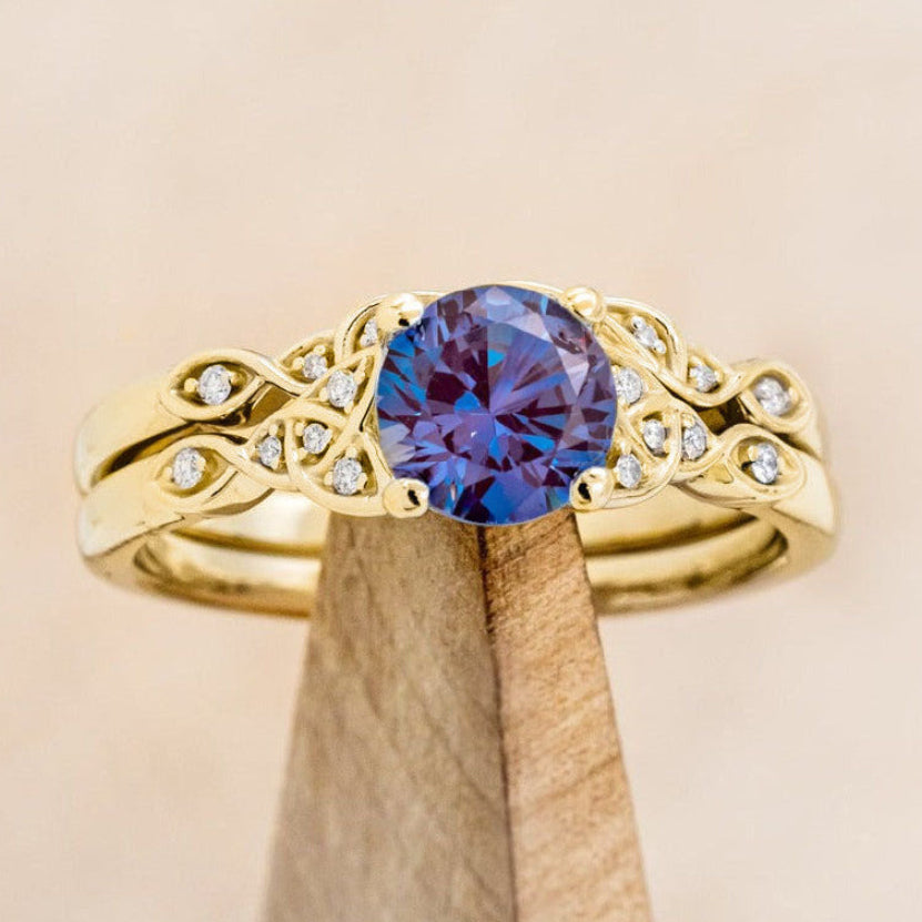 "Aife" - Celtic Knot Lab-Grown Alexandrite Engagement Ring With Diamond Accents & Tracer