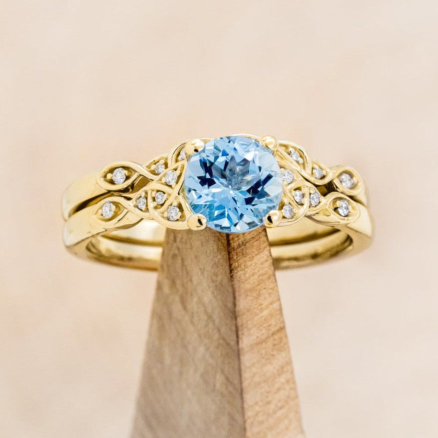 "Aife" - Celtic Knot Style Aquamarine Engagement Ring With Diamond Tracer