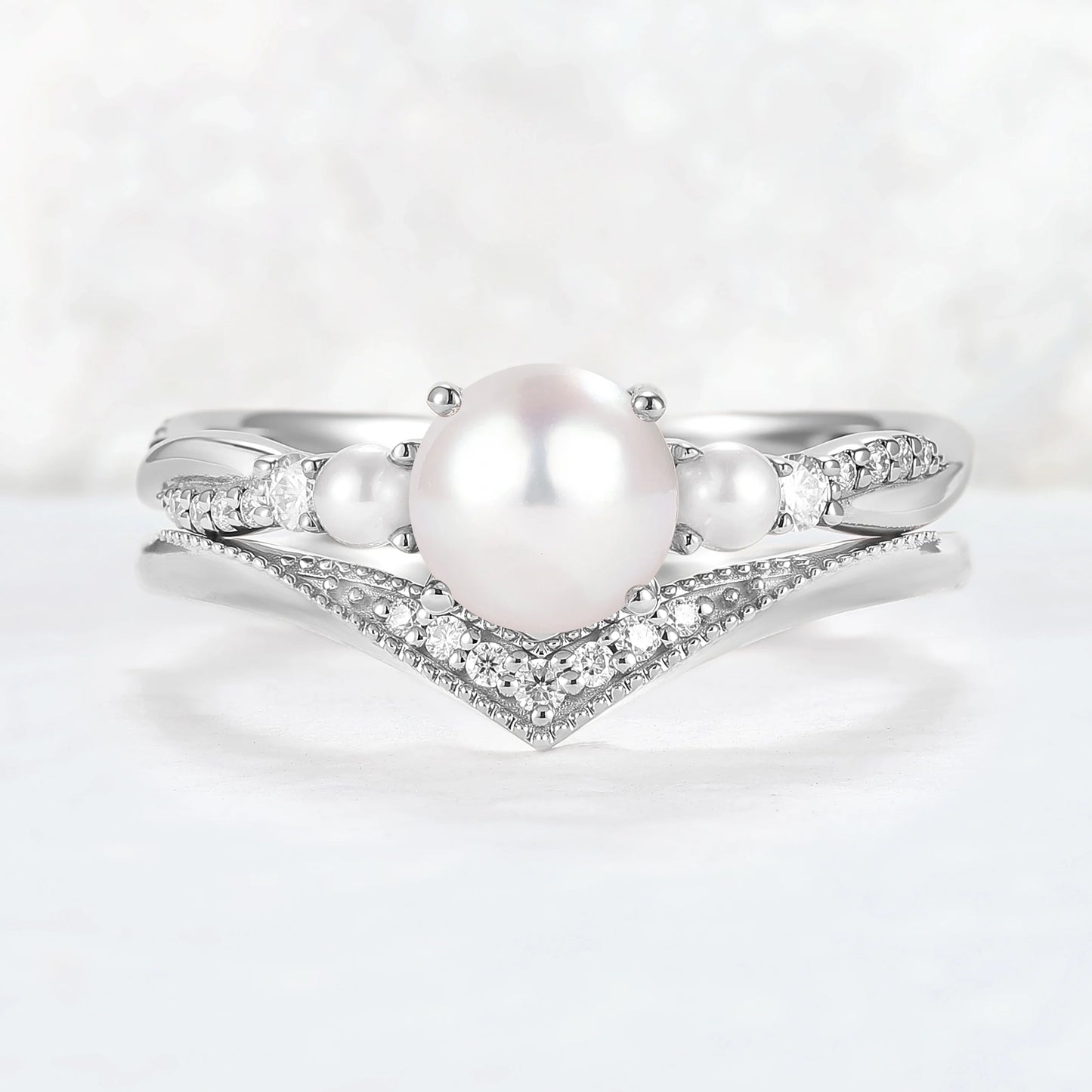 Akoya Round Pearl and Moissanite Gemstone Ring Set 2pcs
