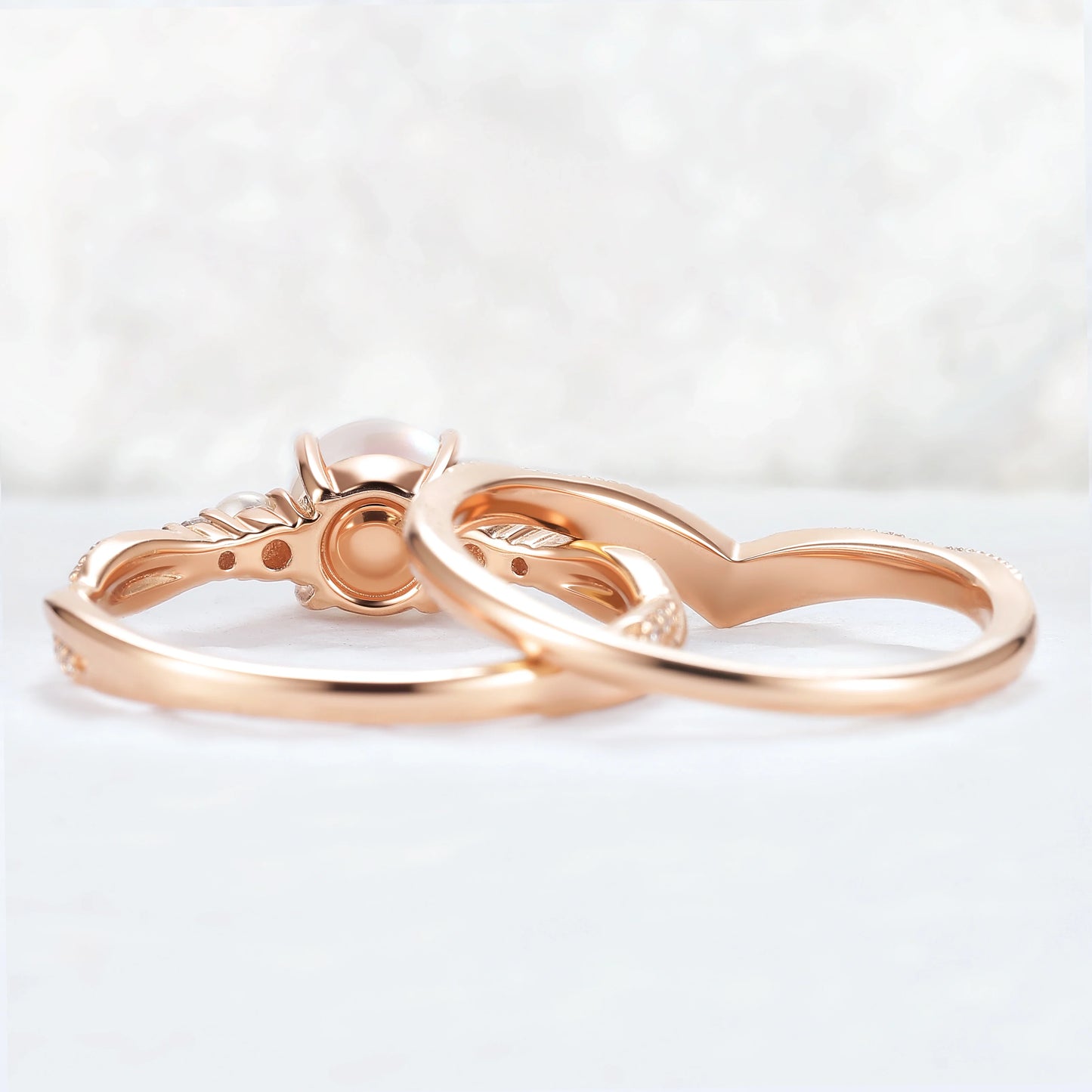 Akoya Round Pearl and Moissanite Gemstone Ring Set 2pcs