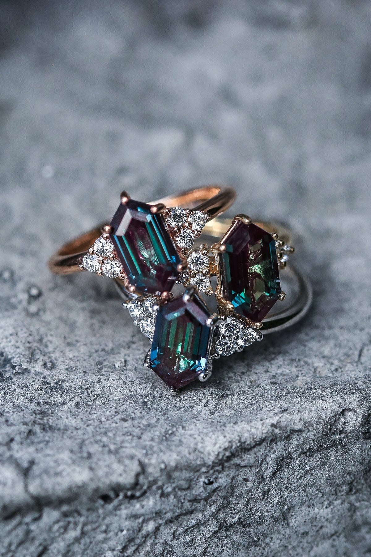 "Octavia" - Elongated Hexagon Cut Lab-Grown Alexandrite Engagement Ring With Diamond Accents
