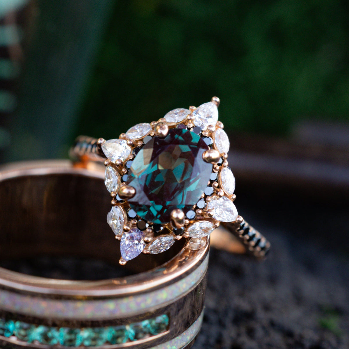 "North Star" - Lab-Grown Alexandrite Engagement Ring With Diamond Halo & Tracer