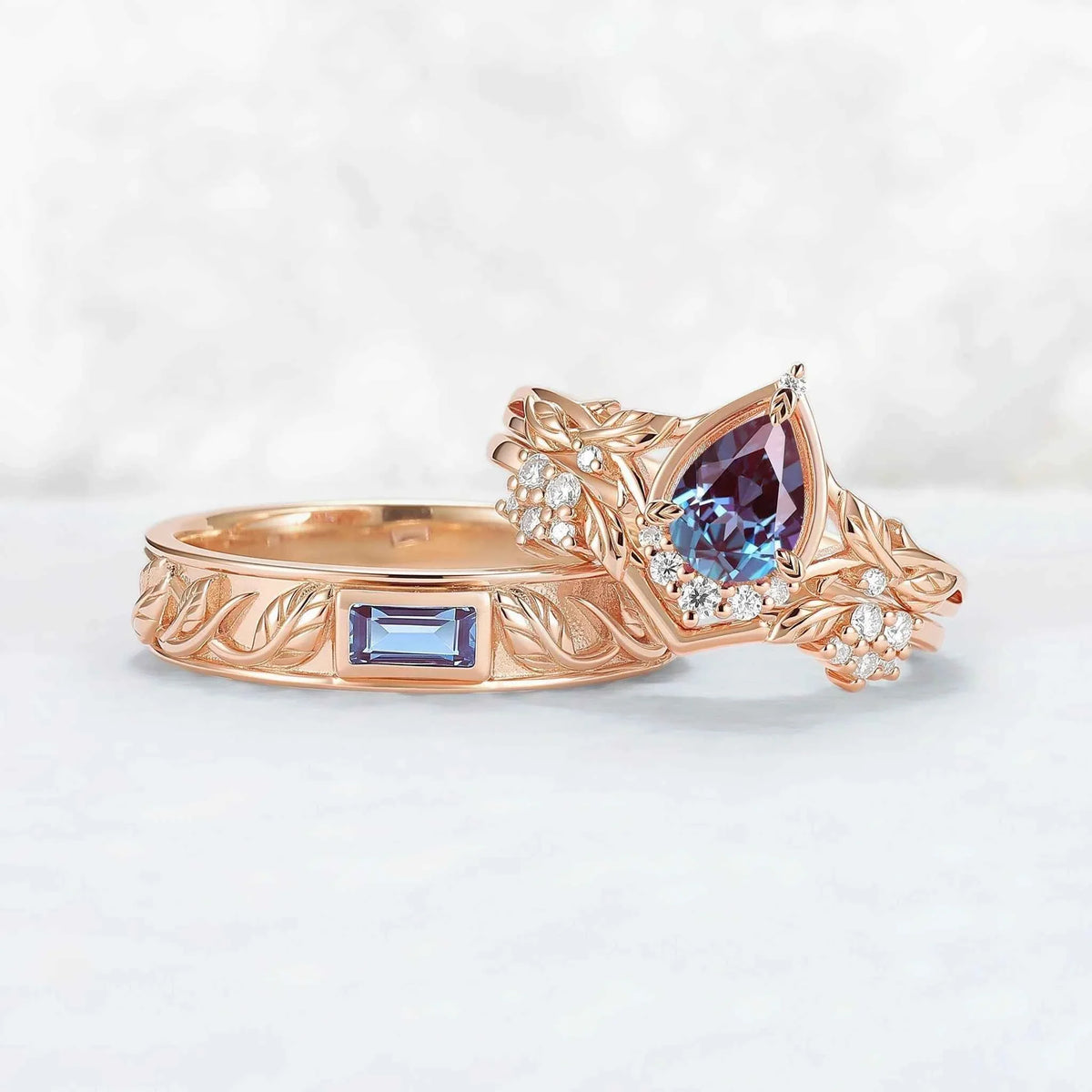 Nature Inspired Pear Cut Alexandrite Couple Ring - Magic Forest