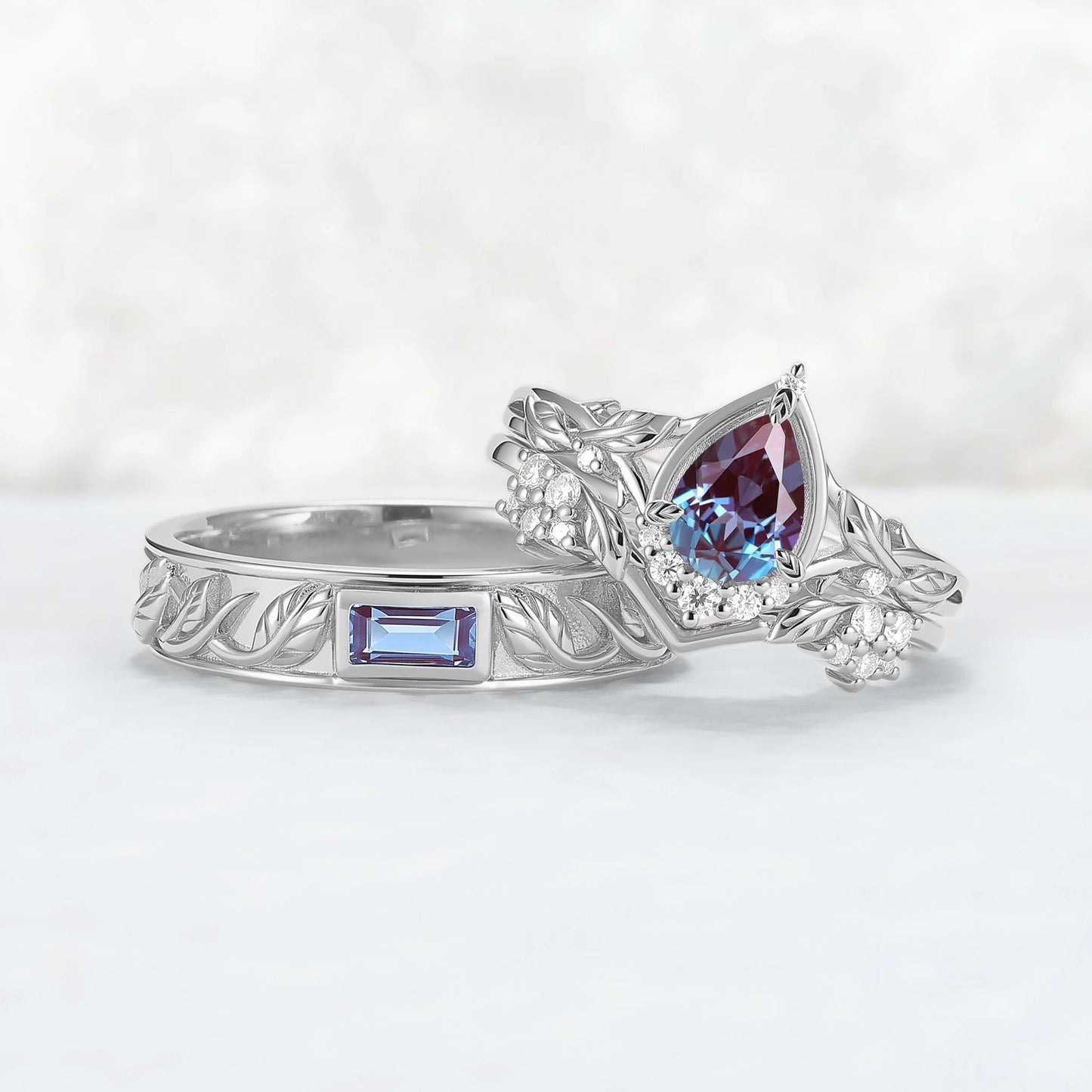 Nature Inspired Pear Cut Alexandrite Couple Ring - Magic Forest