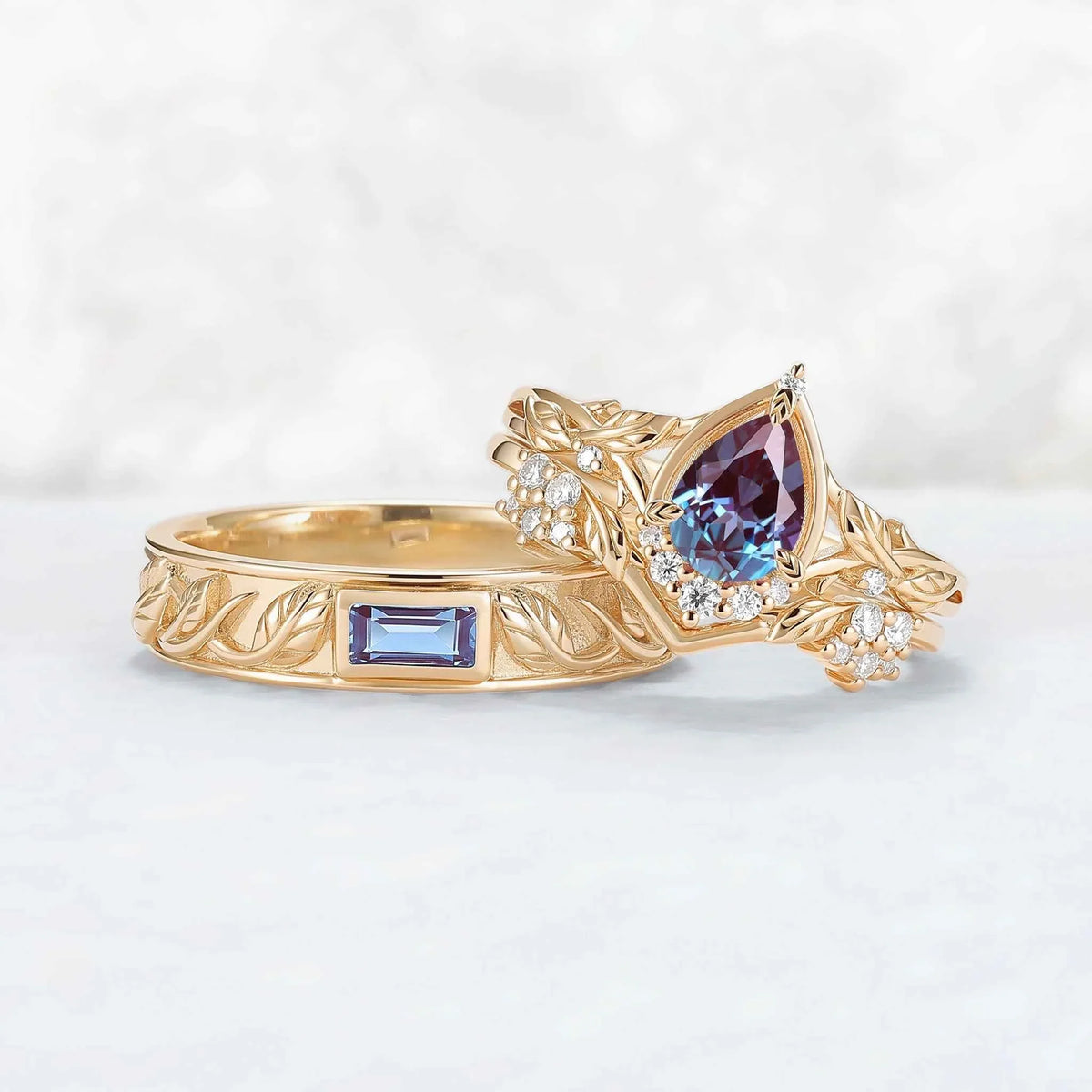 Nature Inspired Pear Cut Alexandrite Couple Ring - Magic Forest