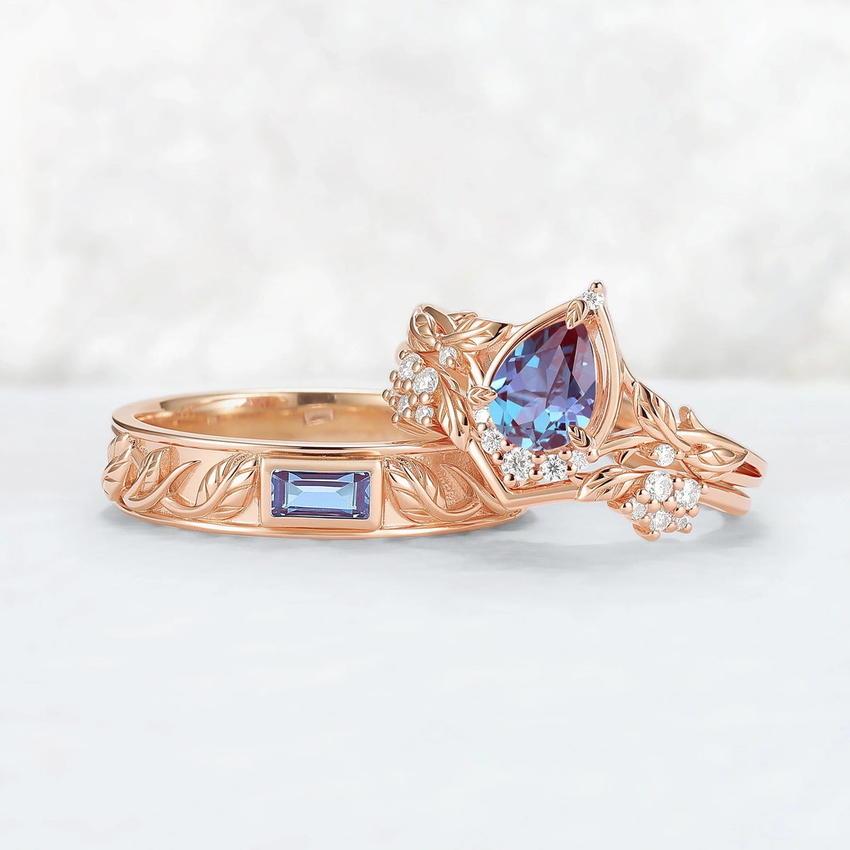 Nature Inspired Pear Cut Alexandrite Couple Ring - Magic Forest