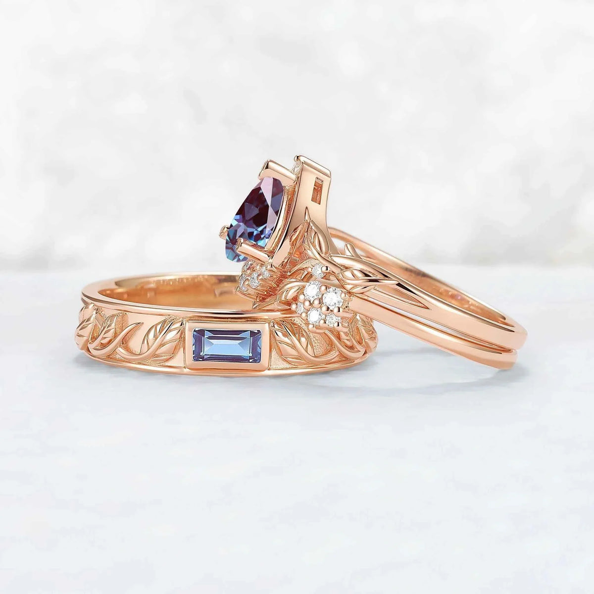 Nature Inspired Pear Cut Alexandrite Couple Ring - Magic Forest