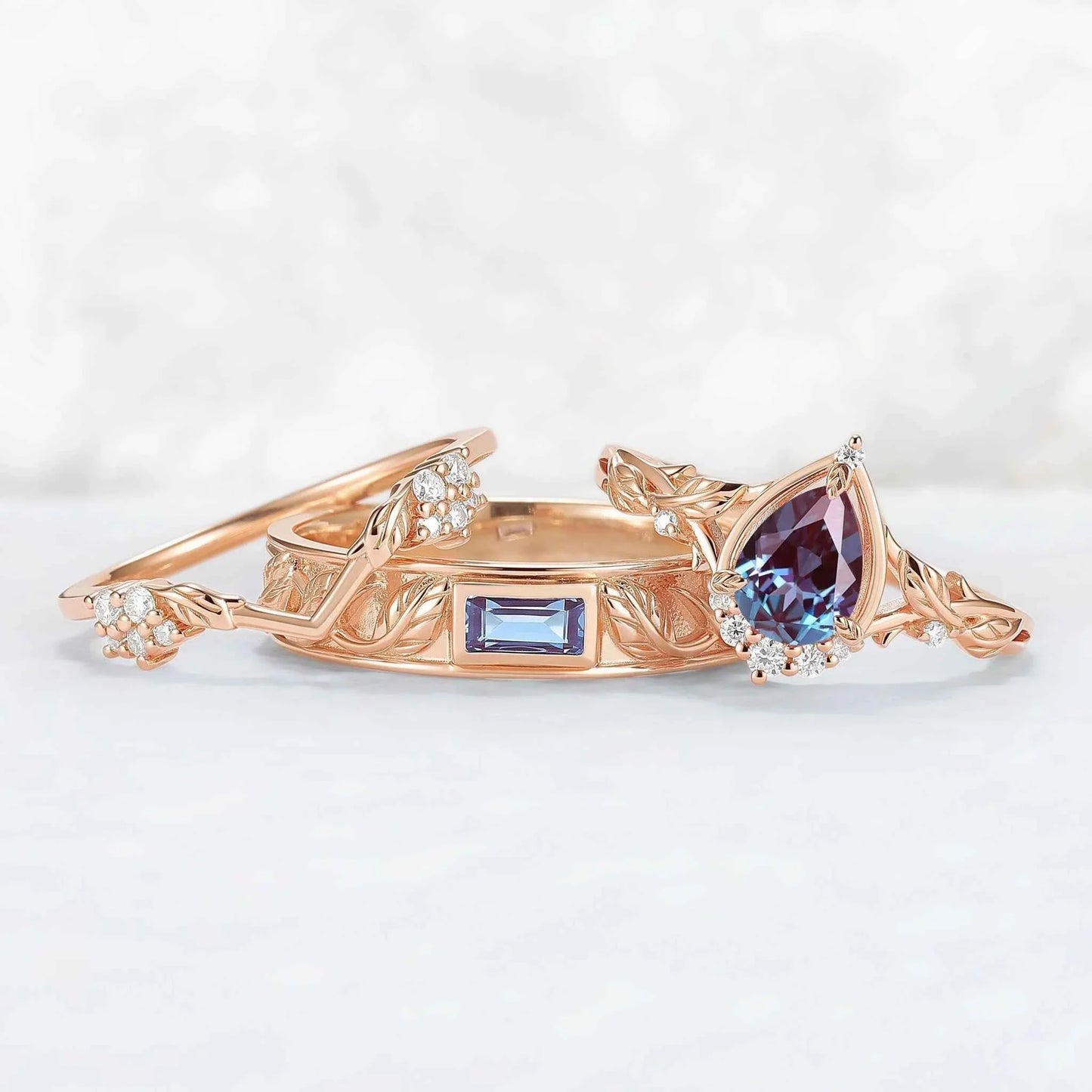 Nature Inspired Pear Cut Alexandrite Couple Ring - Magic Forest