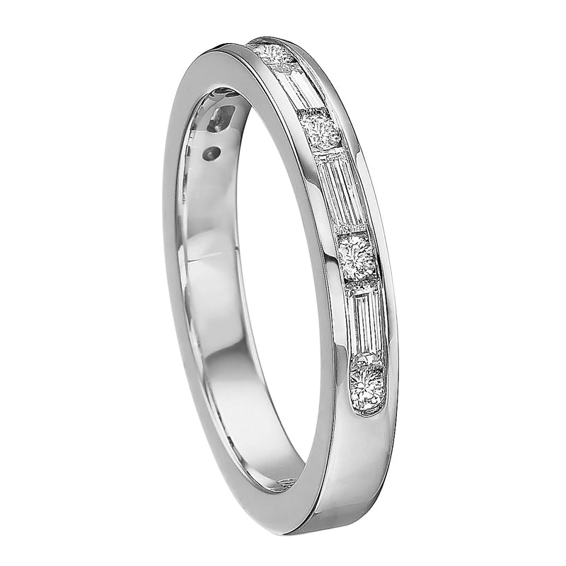 Alternating Baguette and Round Moissanite Channel Set Half Eternity Wedding Band