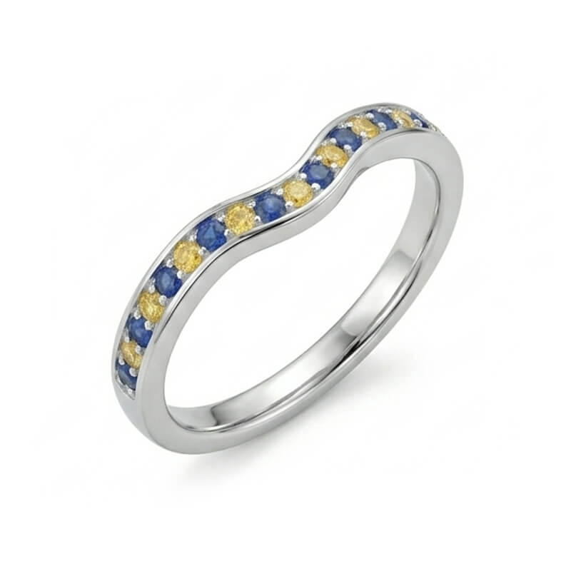 Alternating Blue & Yellow Sapphire Curved Wedding Band Ring