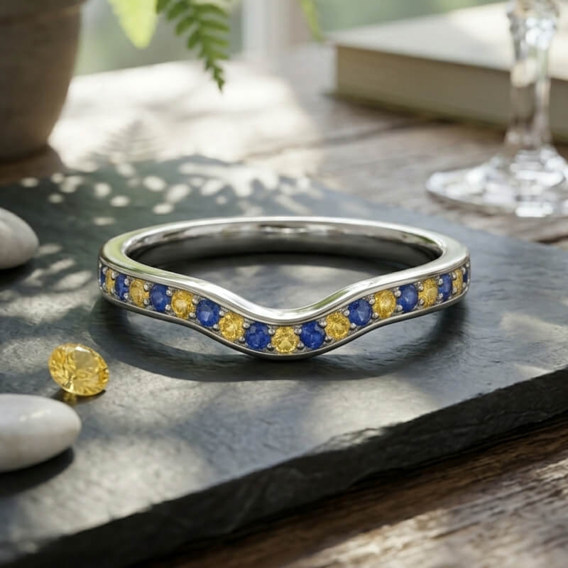 Alternating Blue & Yellow Sapphire Curved Wedding Band Ring