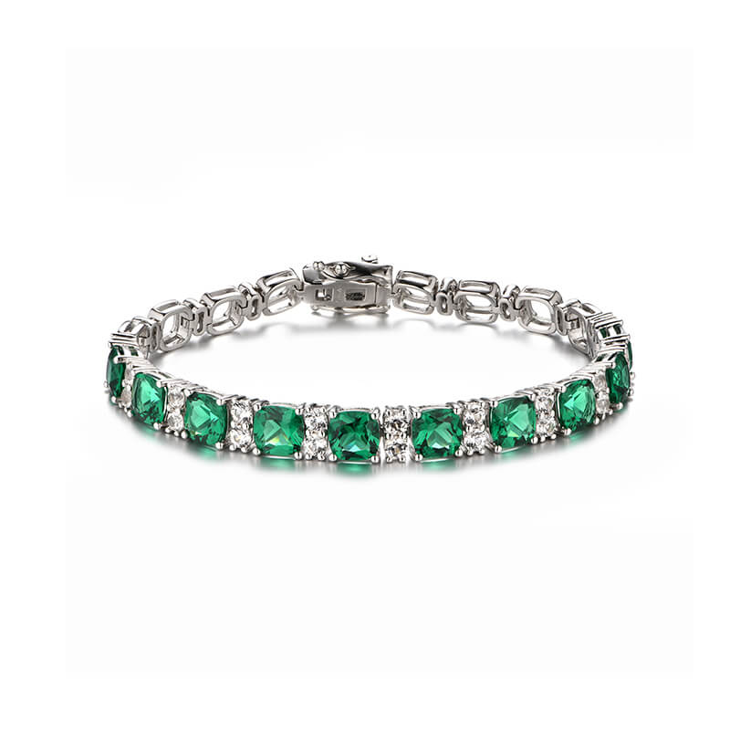 Alternating Cushion Cut Emerald Sterling Silver Bracelet