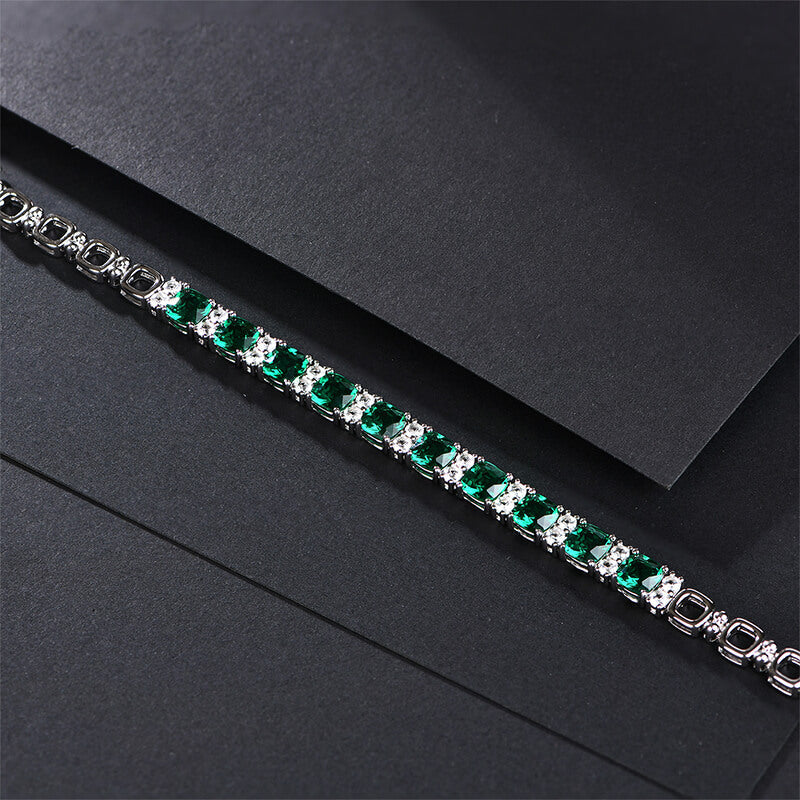 Alternating Cushion Cut Emerald Sterling Silver Bracelet