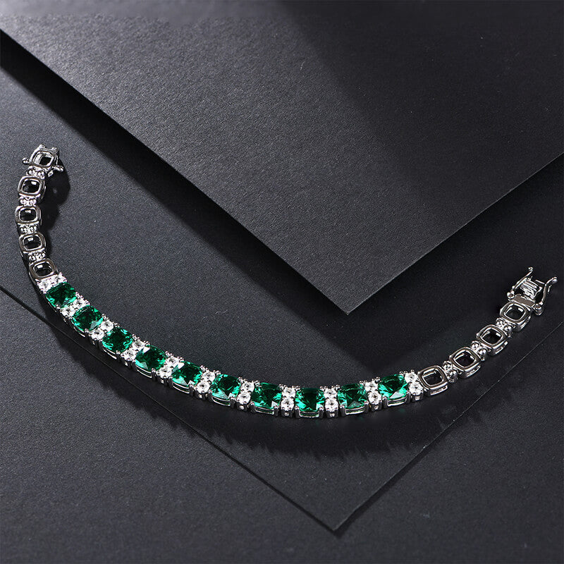 Alternating Cushion Cut Emerald Sterling Silver Bracelet