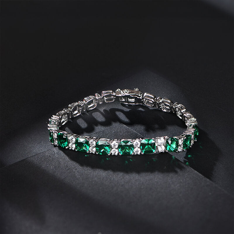 Alternating Cushion Cut Emerald Sterling Silver Bracelet