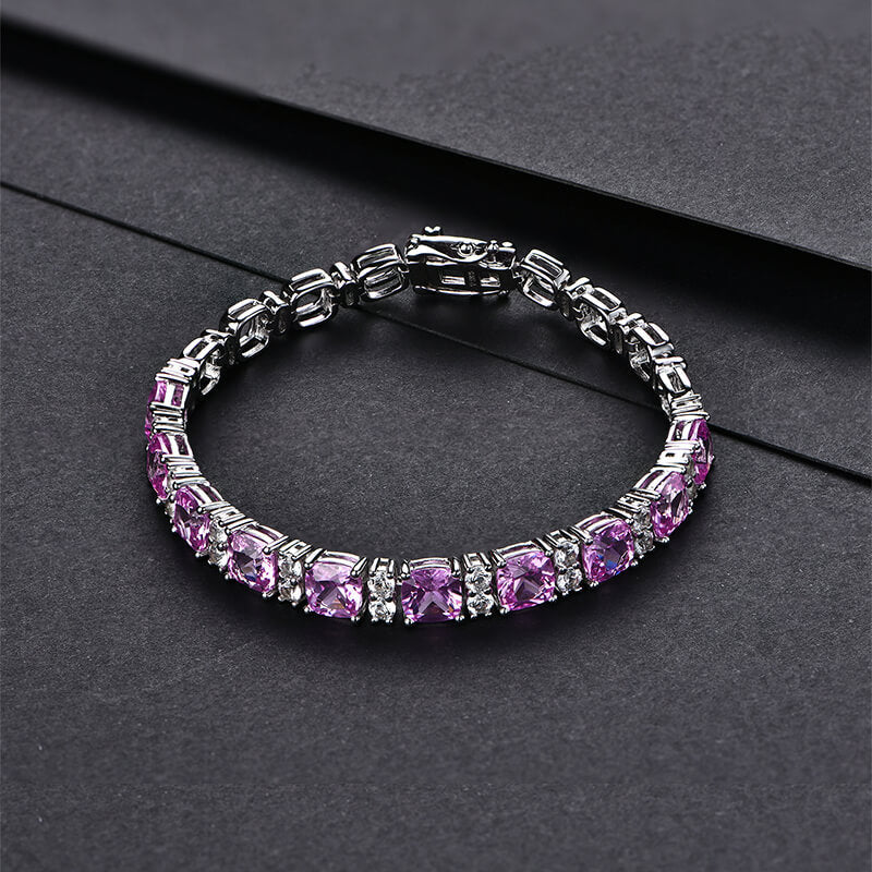 Alternating Cushion Cut Red Corundum Sterling Silver Bracelet